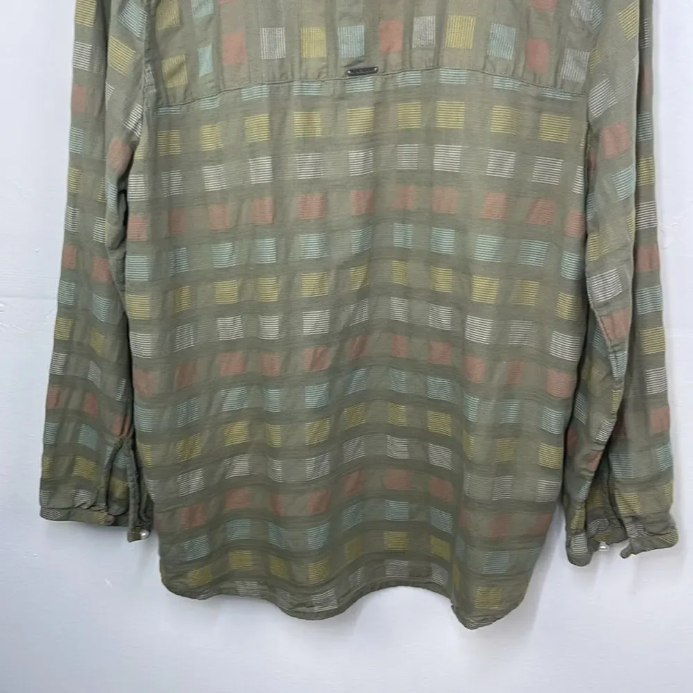 prAna Indra Top Geometric Print Multi Color Green size Large V Neck pullover